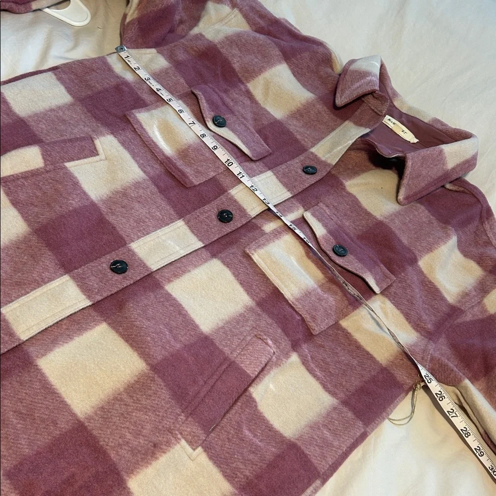 Oversized Plaid Longline Button Shacket Barn Jacket in Pink and Ivory Large NWT